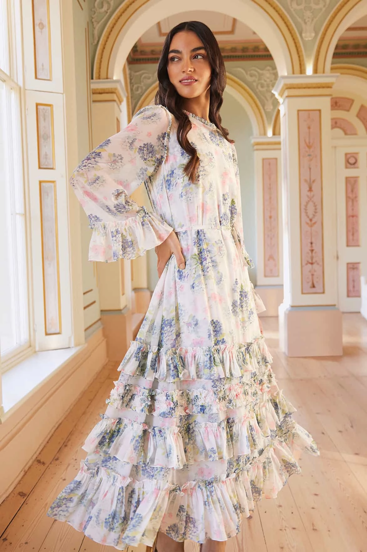 Artistic Vibe Mesh Soft Hydrangea Chiffon Round Neck Ankle Gown