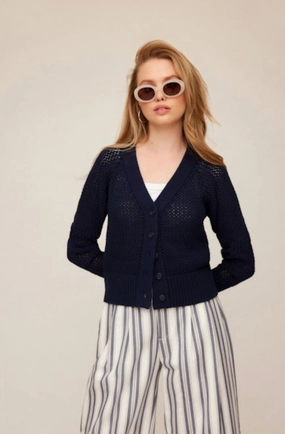 FullCut Shoulder Ellen Crochet Cardigan Sweater Navy