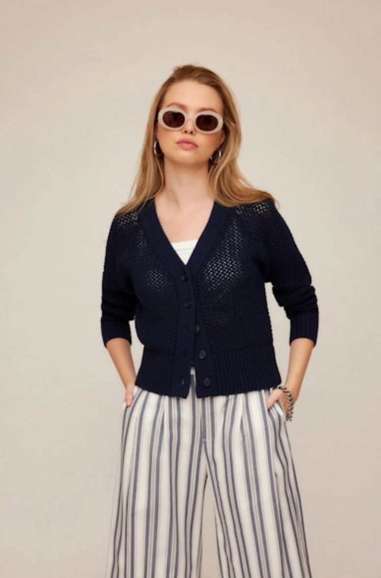 Odor Resistant Coating Ellen Crochet Cardigan Sweater Navy