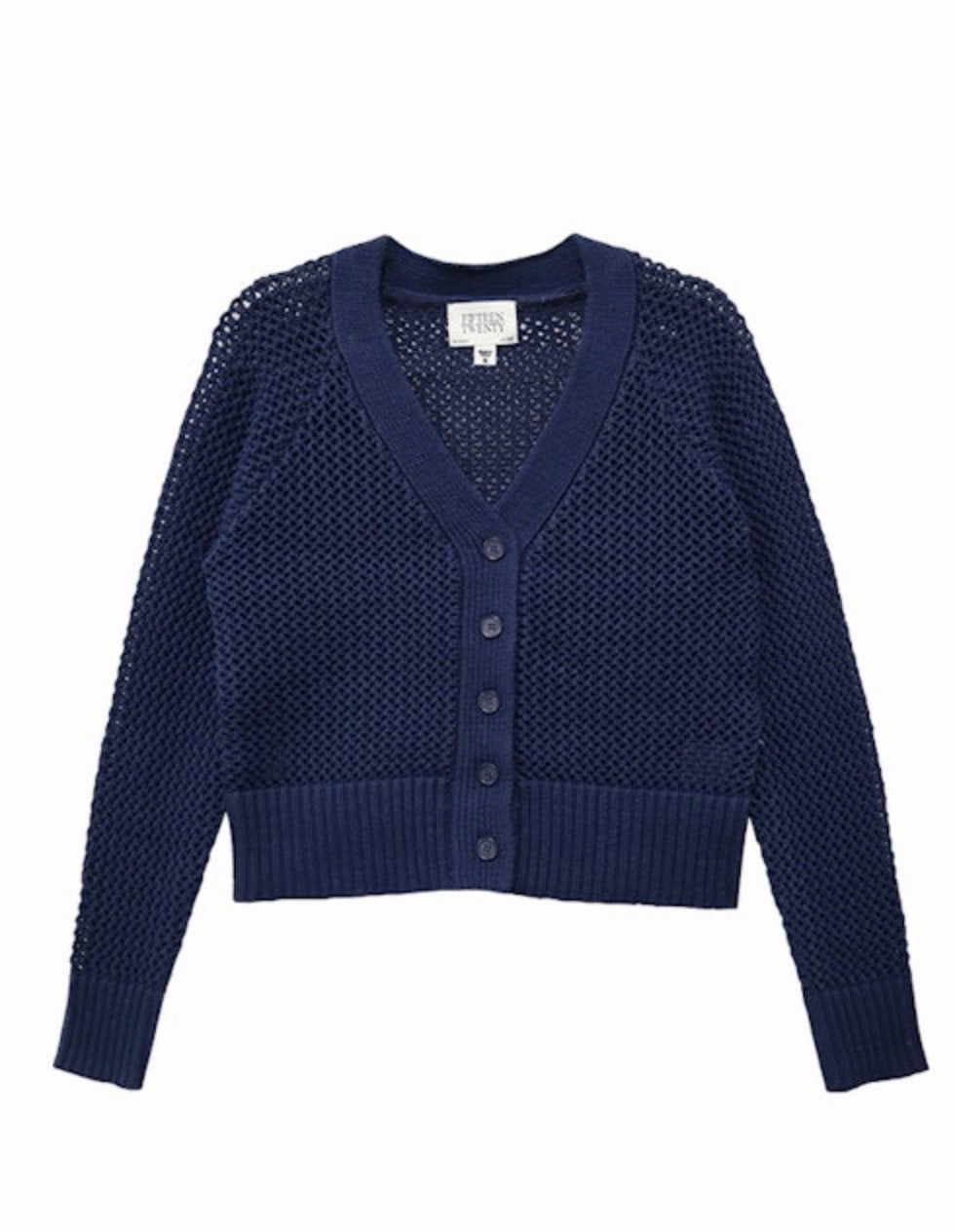 Ellen Crochet Cardigan Sweater Navy Reflective accents Recycled Polyester Material