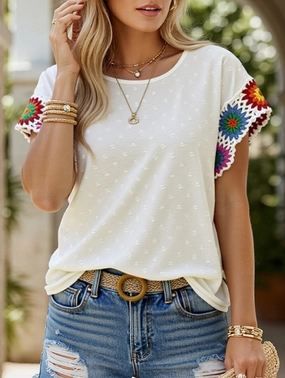 Embroidered Polka Dot Top ??Women's Casual Round Neck Short Sleeve Blouse Stretch Fit Reflective Trim Details