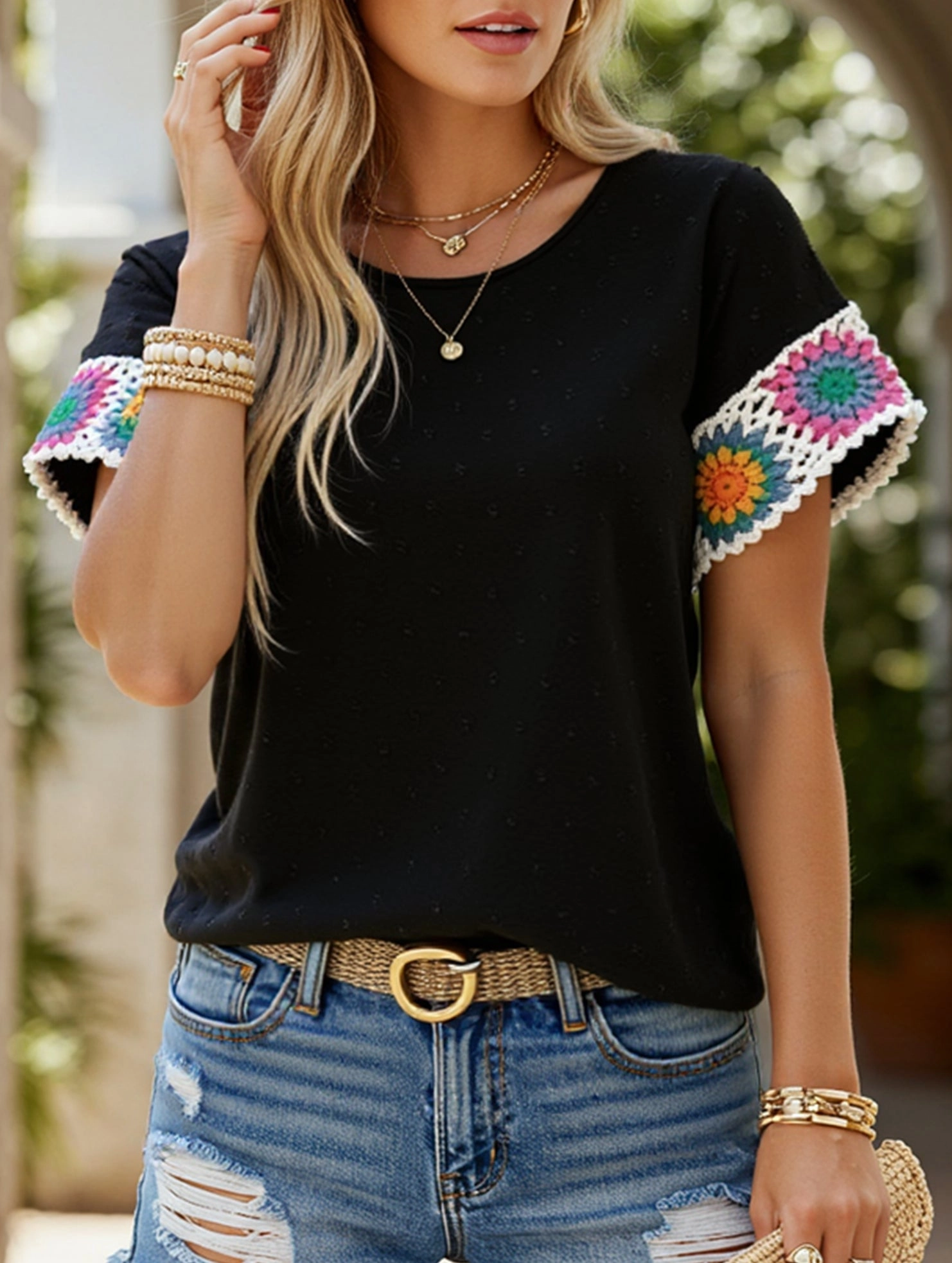 Embroidered Polka Dot Top ??Women's Casual Round Neck Short Sleeve Blouse Water Repellent Finish Yarn Dyed Fabric