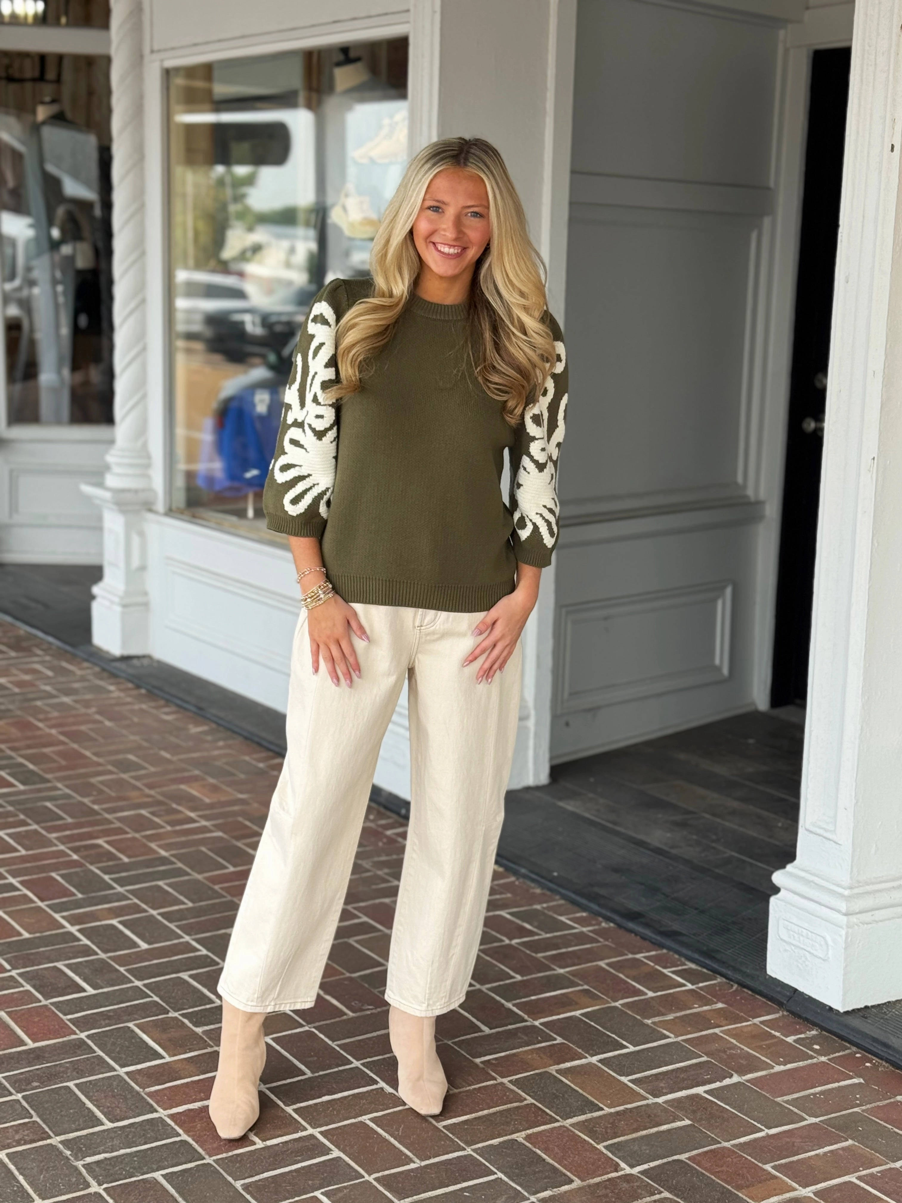 SnagFreeKnit Embroidered Sleeve Knit Sweater