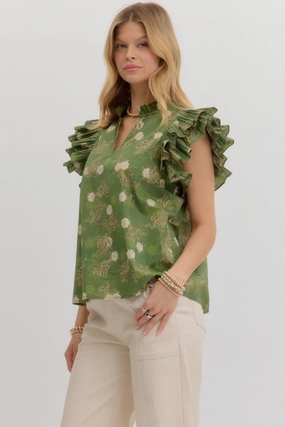 Emerald Ruffle Flutter Sleeve Top HypoallergenicMaterial Sustainable Production Methods