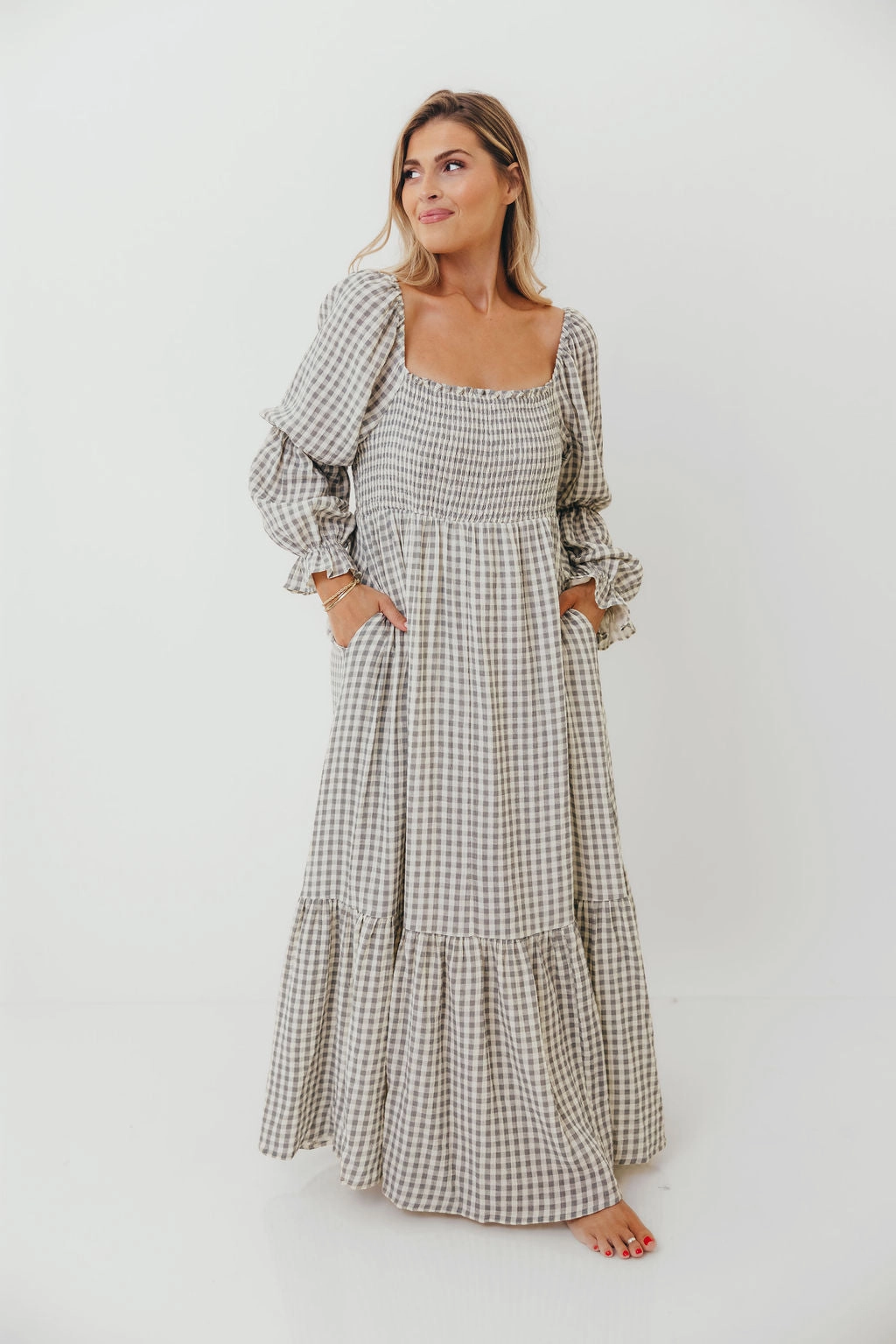 Emerson 100% Cotton Smocked Maxi Dress with Long Sleeves in Gray Sky - Bump Friendly - Restocking in Nov Joyful Look Semi Casual