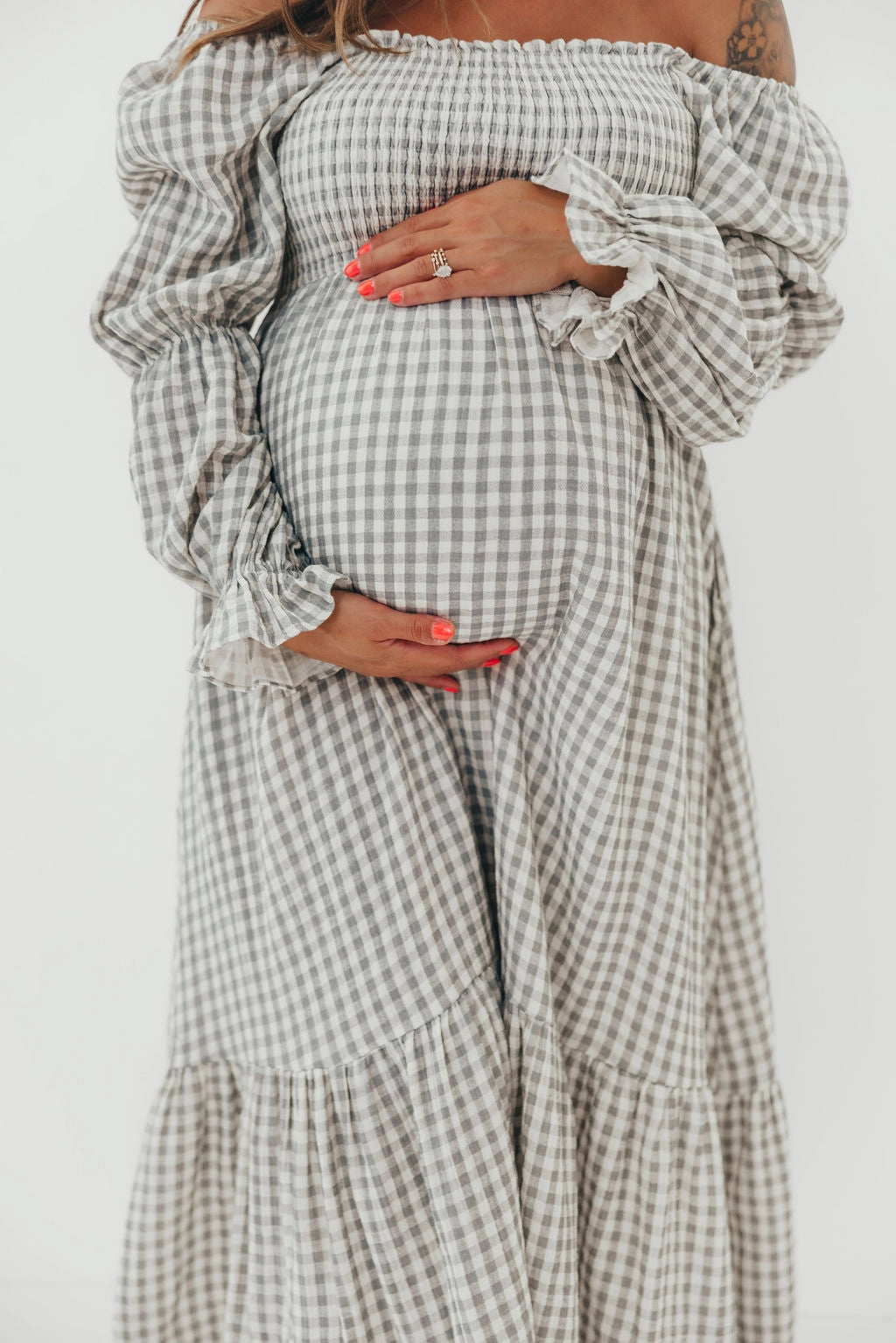Saturated Hue Clean Outfit Emerson 100% Cotton Smocked Maxi Dress with Long Sleeves in Gray Sky - Bump Friendly - Restocking in Nov