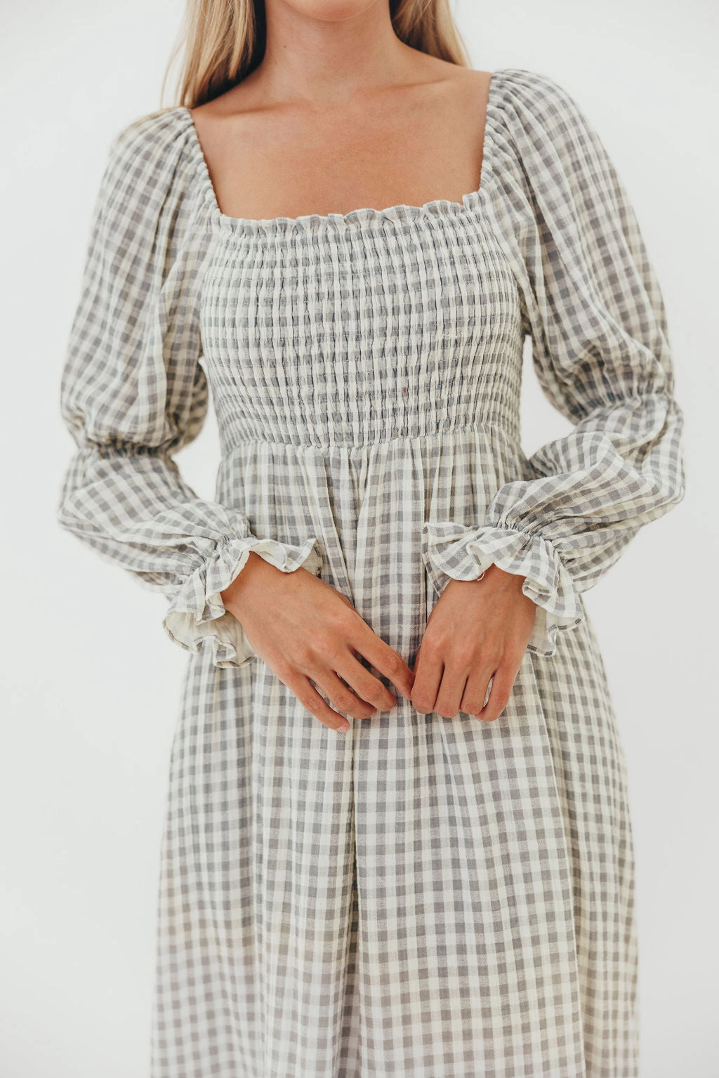 Smart Comfort Emerson 100% Cotton Smocked Maxi Dress with Long Sleeves in Gray Sky - Bump Friendly - Restocking in Nov