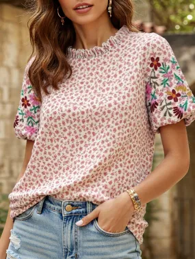 Embroidered Printed Turtleneck Blouse ??Boho Chic High Neck Long Sleeve Top Biodegradable Fiber Sport Top