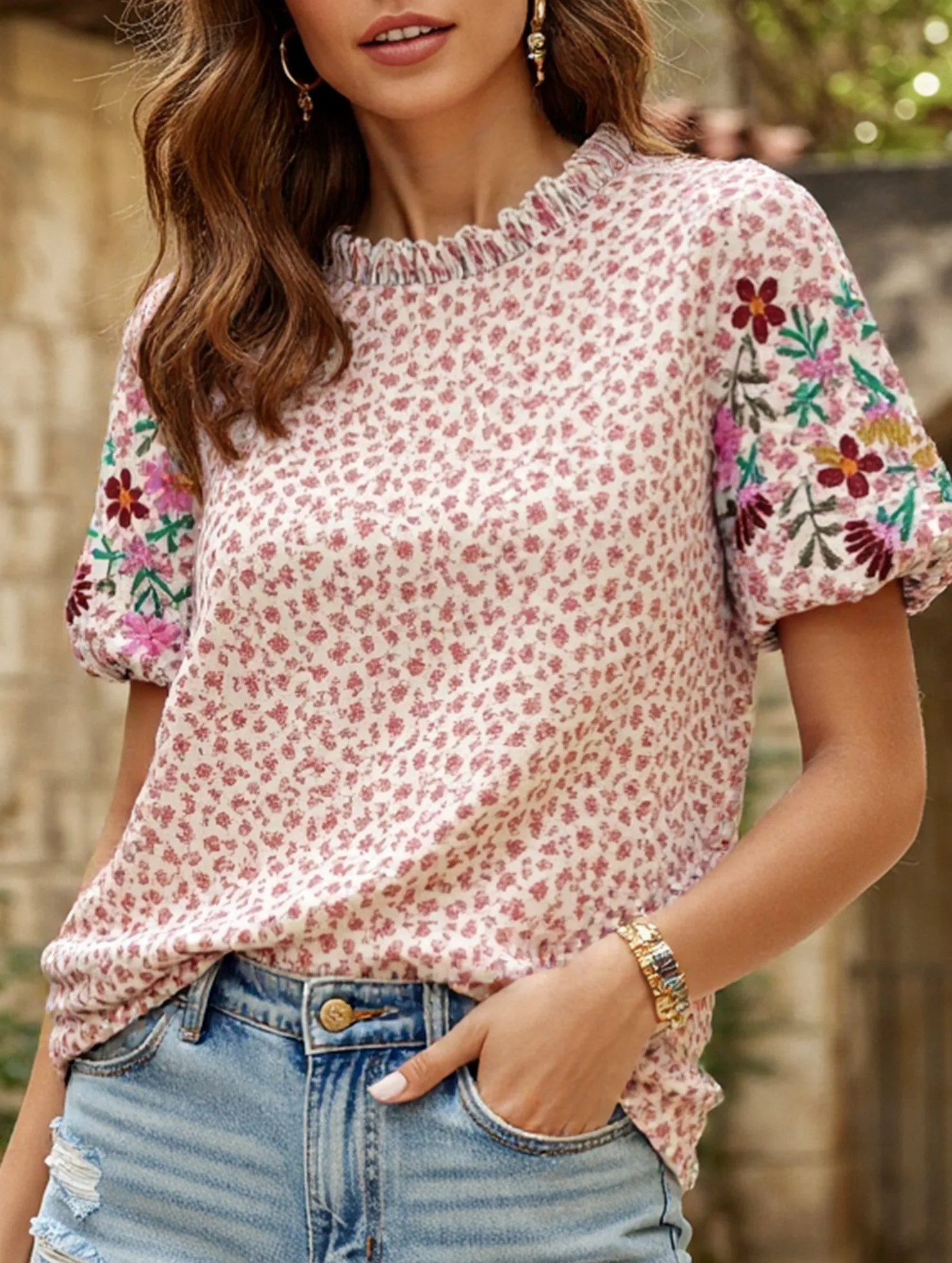 Durable Weave Embroidered Printed Turtleneck Blouse ??Boho Chic High Neck Long Sleeve Top