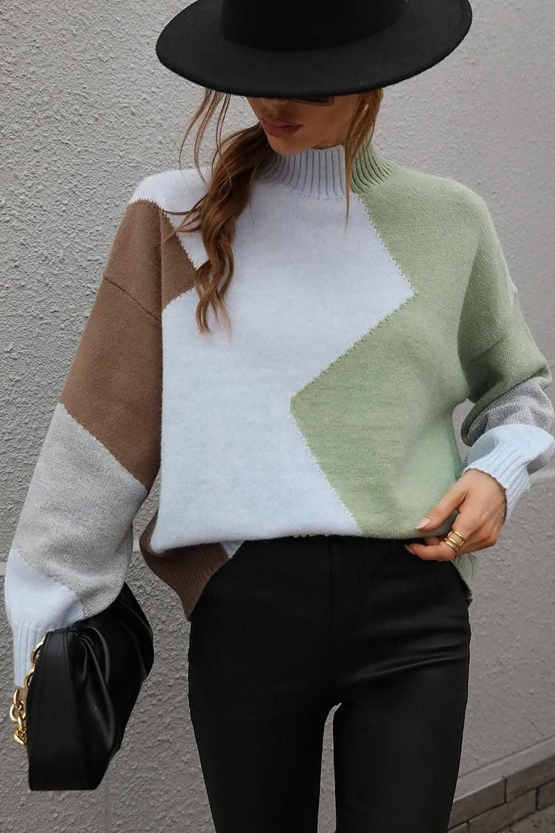 Flatlock Seam TURTLE NECK COLOR BLOCK CASUAL SWEATER TOP