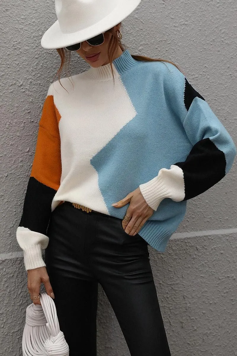 HiddenZipper TURTLE NECK COLOR BLOCK CASUAL SWEATER TOP