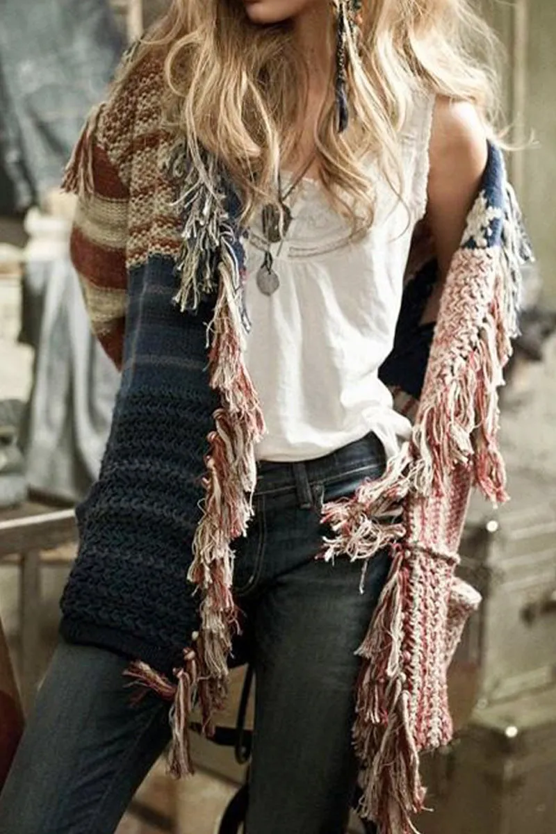 ReflectiveTrimDetails WOMEN CONTRASTING STAR STRIPE FRINGE KNIT CARDIGAN100% POLYESTERSIZE S(2)-M(2)-L(2)-XL(2)MADE IN CHINA