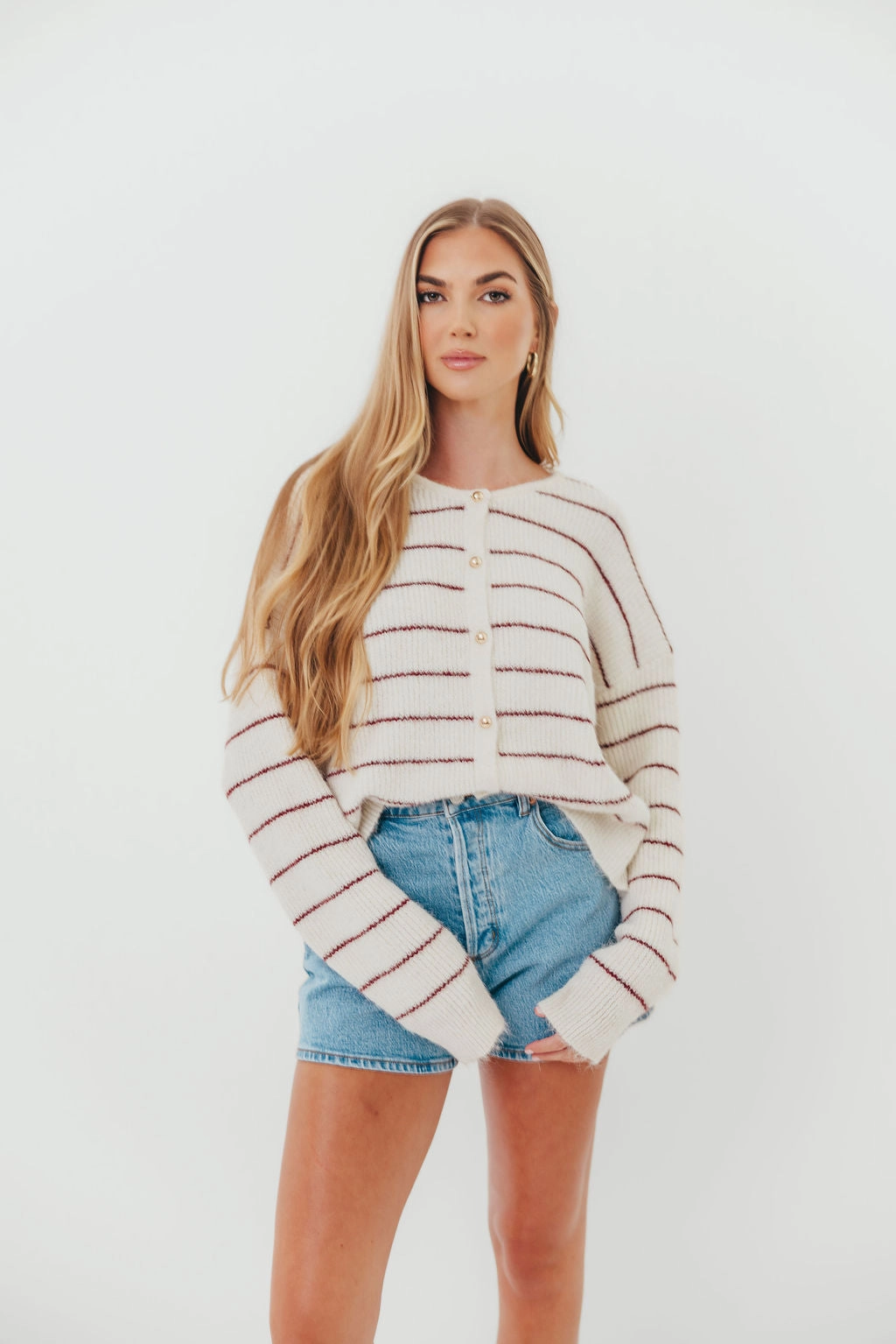 Fitted Blouse Bellevue Cardigan Top in Cream Burgundy