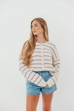 Bellevue Cardigan Top in Cream Burgundy Easy Care Material RecycledBlend