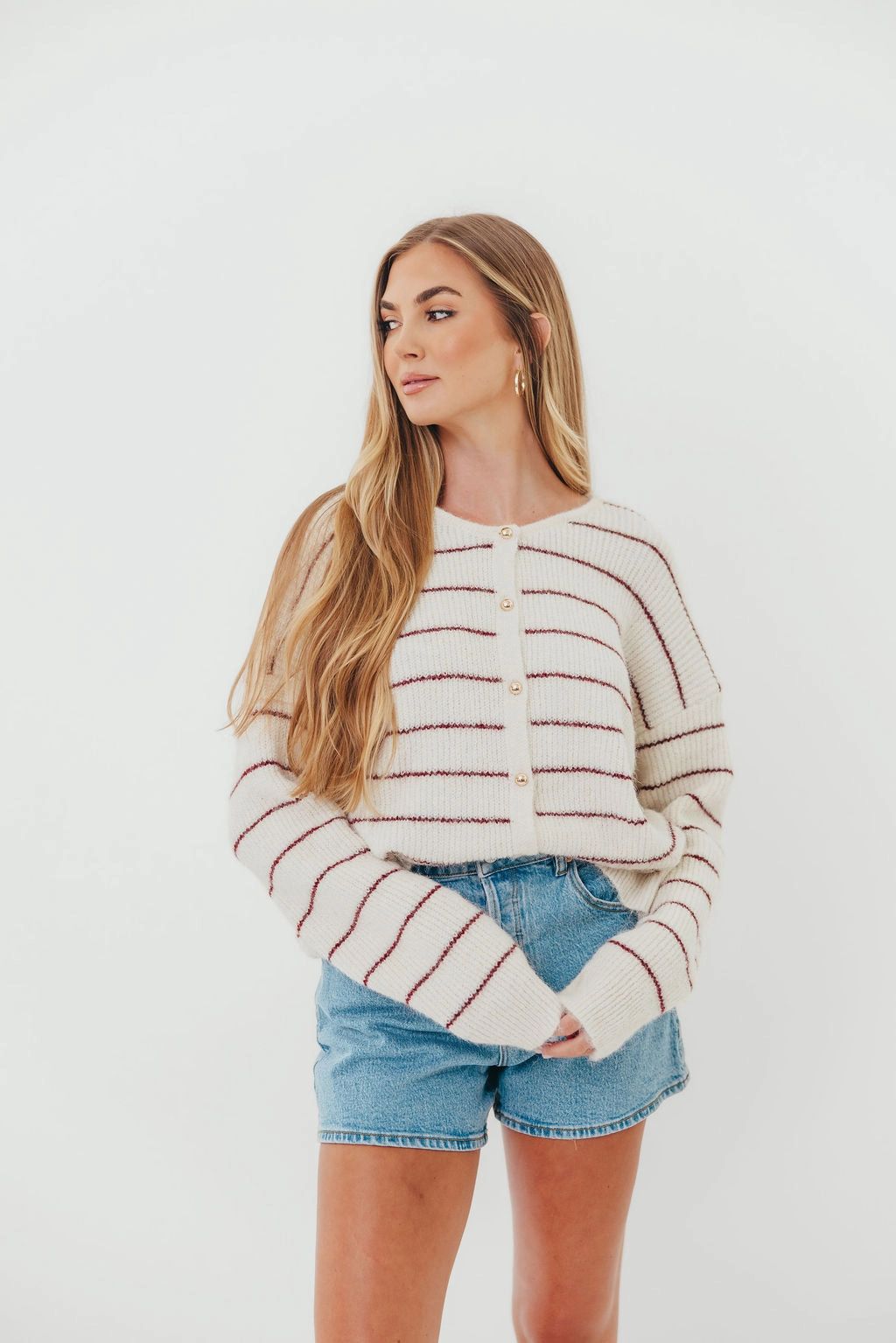 Bellevue Cardigan Top in Cream Burgundy Easy Care Material RecycledBlend
