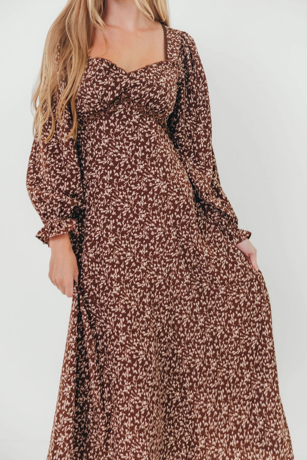 Erin Floral Maxi Dress in Mocha Empire Waist Perfect Comfort Wear