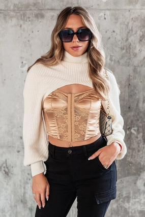 BreathableMeshInsert Forever A City Girl Turtleneck Shrug Top (Cream)
