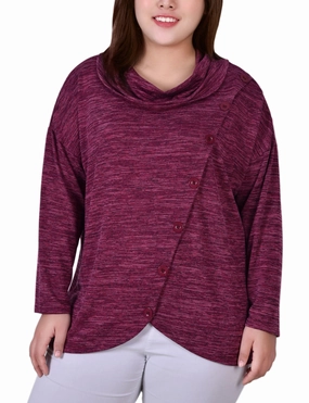 Plus Size Long Sleeve Cowl Neck Top With Button Detail Wool Sweater