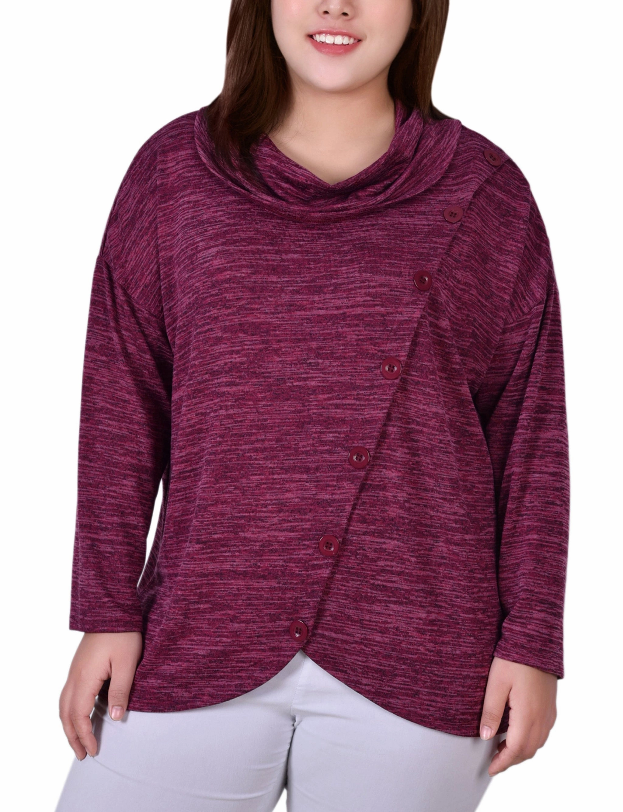 Soft Touch MoistureWicking Plus Size Long Sleeve Cowl Neck Top With Button Detail