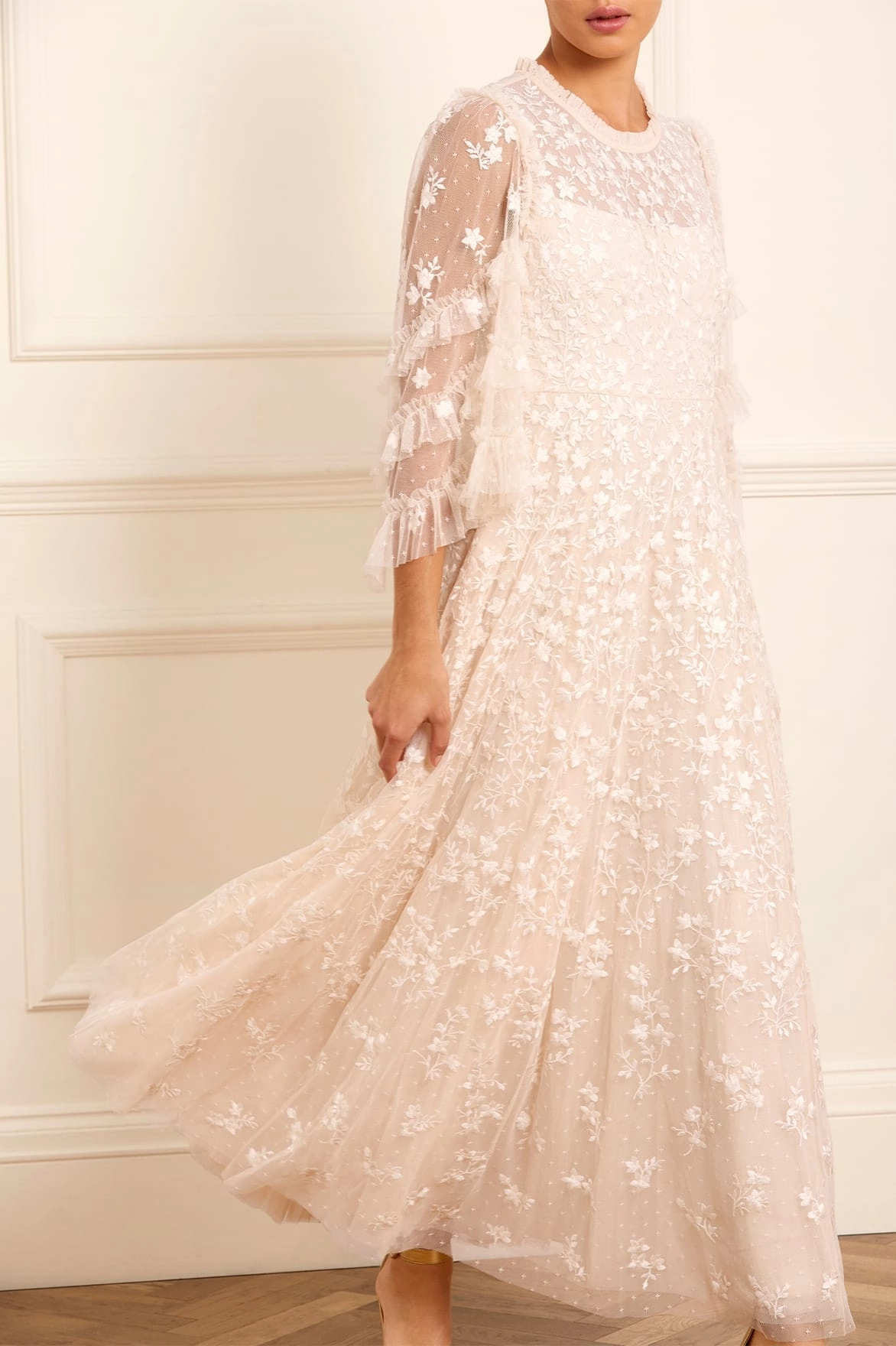 Frayed-Edge Office Ease Everett Bloom Round Neck Ankle Gown