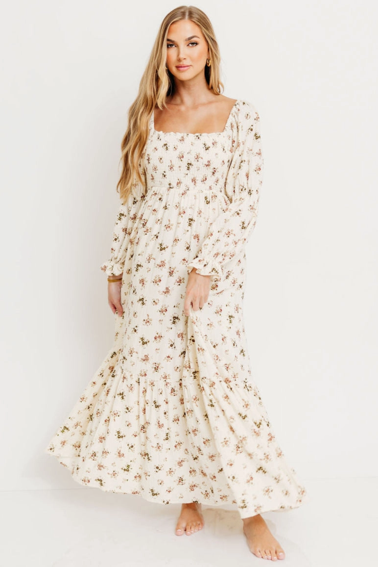 Emerson Maxi Dress with Long Sleeves in Ivory Chill Style Earth Colors