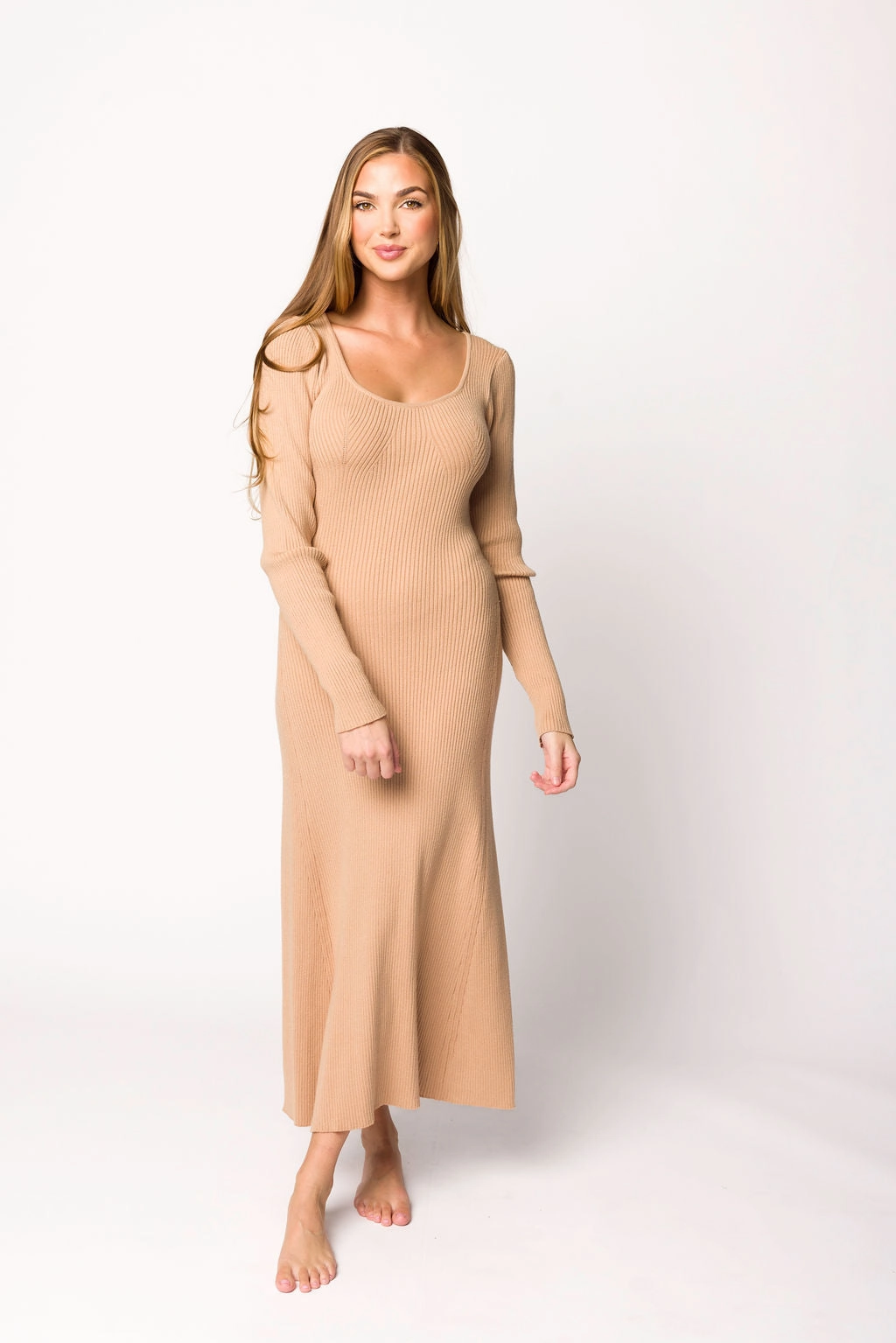 Sophisticated cocktail dress Subtle Lines Alison Knit Sweater Maxi Dress in Almond
