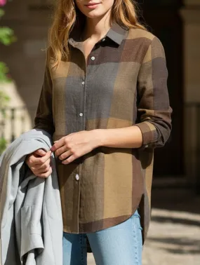 Casual long-sleeved plaid irregular shirt Asymmetrical hem