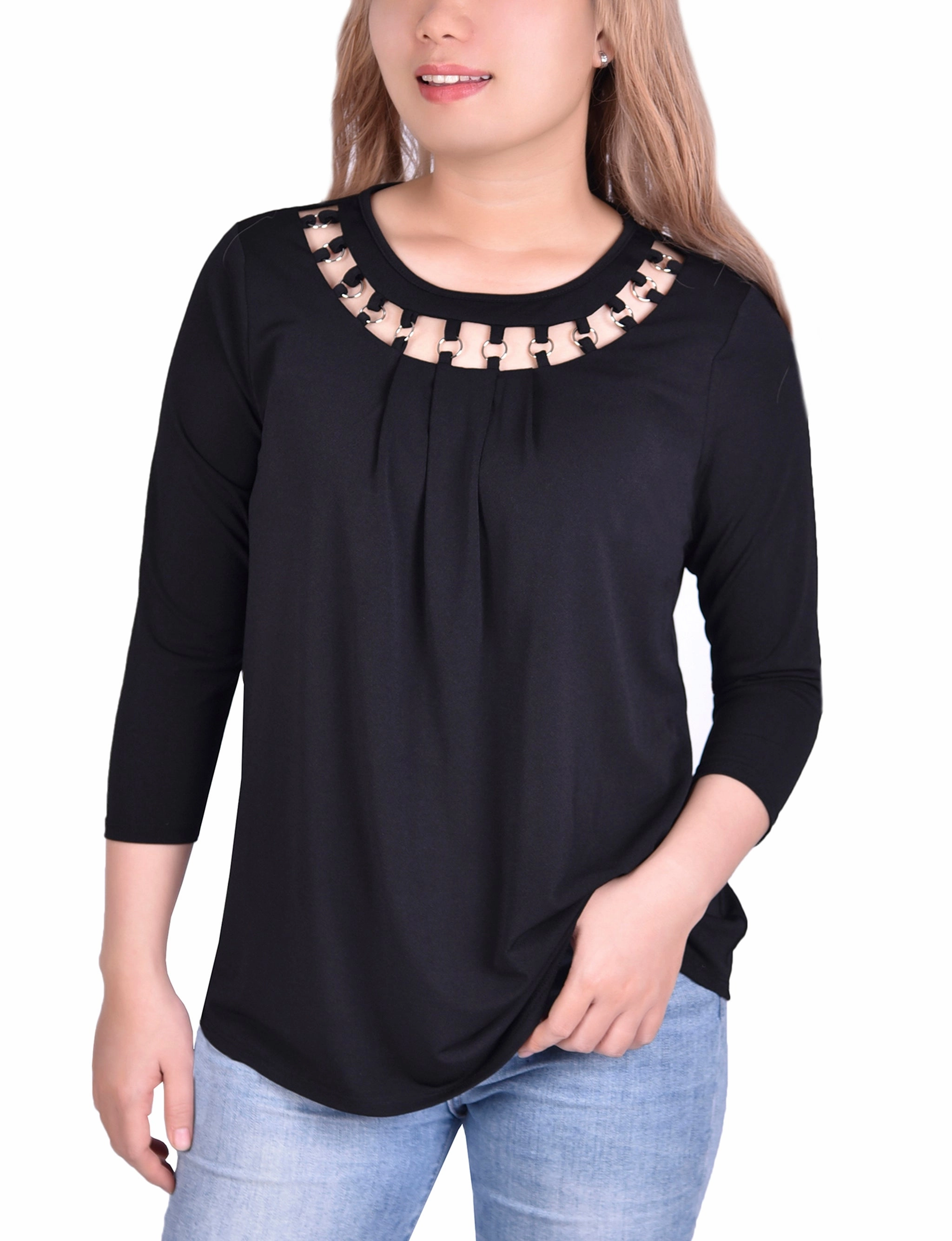 EthicallySourced 3/4 Sleeve Top With Cutout Ringed Neckline