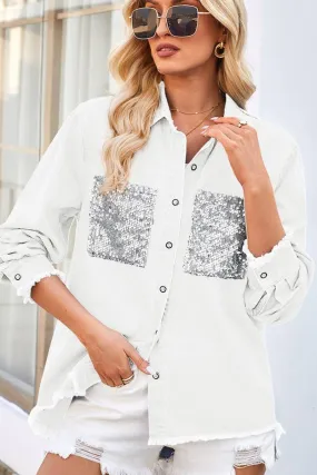 High Density Weave 2024 LOOSE RAW EDGE SEQUIN POCKET DENIM SHIRT TOP_CWTSTL1065