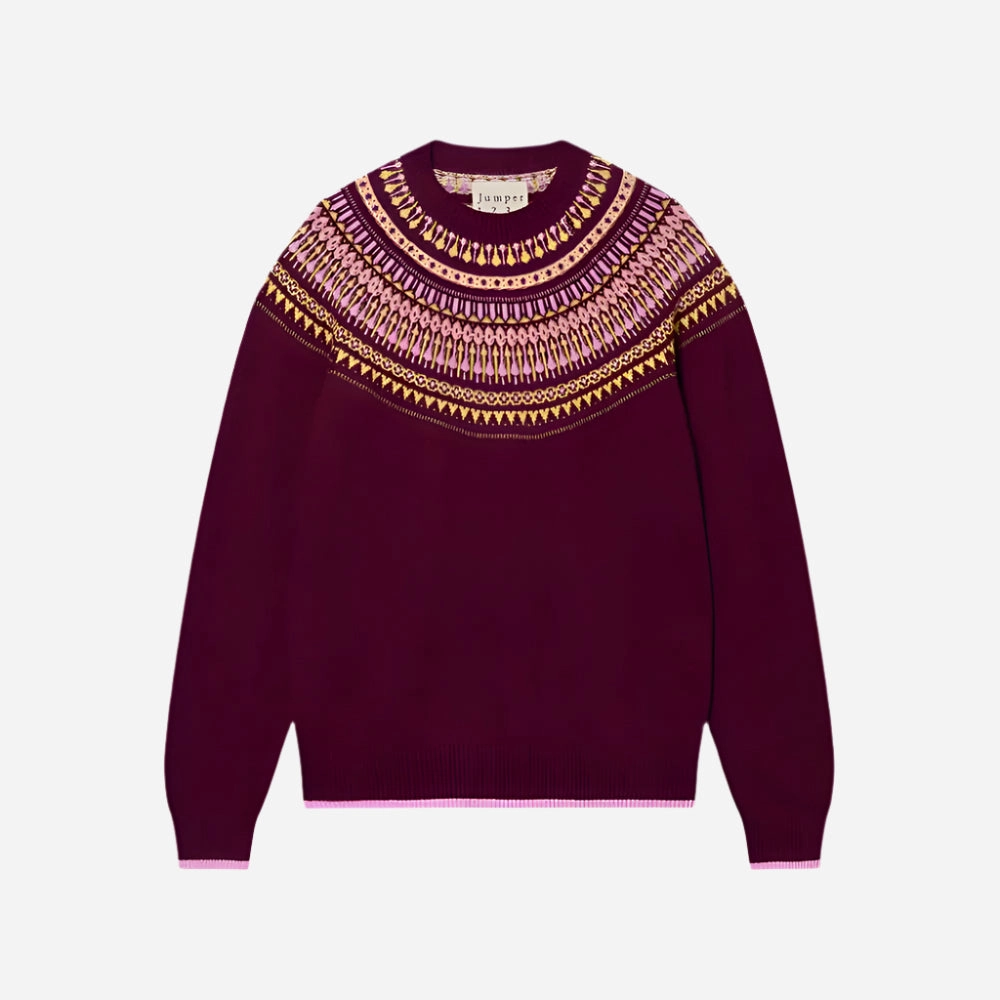 Sustainable Cotton Formal Blouse Fairisle Yoke Crew Rouge Noir