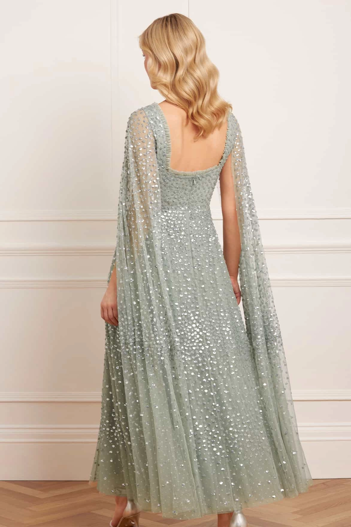 Scatter Dot Cape Sleeve Ankle Gown City Casual All-Day Wear