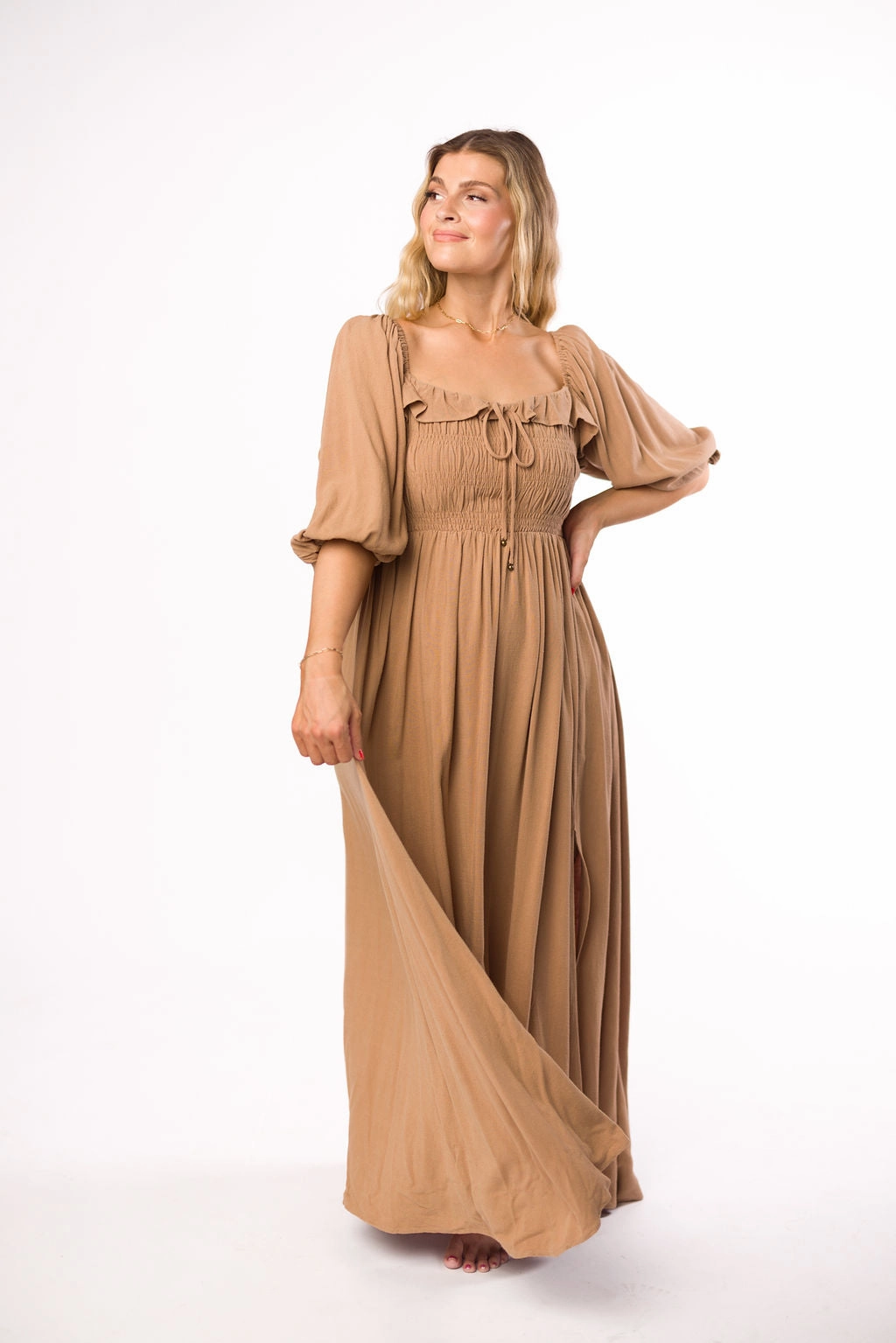 Festive Wear Devon Smocked Maxi Dress in Taupe - Bump Friendly *Final-Sale*
