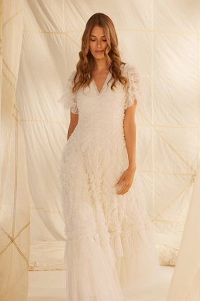 Verity Ruffle V-Neck Gown Flattering Shape Look Comfy Style