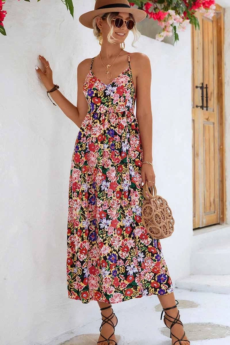 Chic Everyday Wear FLORAL V NECK SPAGHETTI STRAP SLIT DRESS