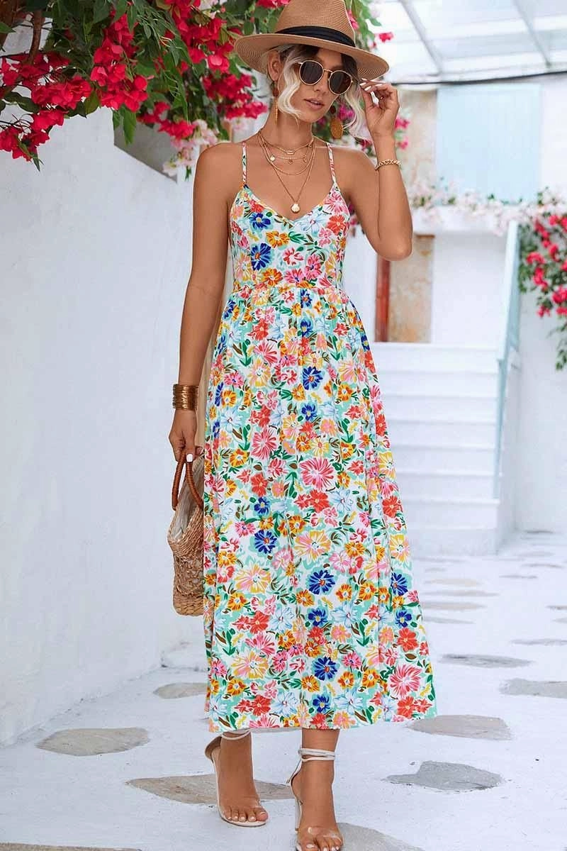 Sustainable-Lining Vacation Vibes FLORAL V NECK SPAGHETTI STRAP SLIT DRESS