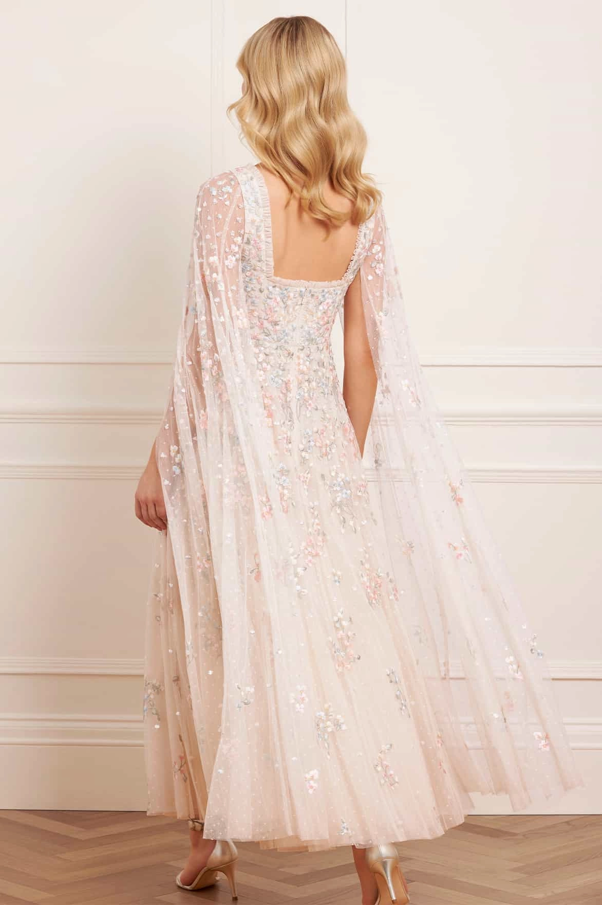 Ethically-Made Live Soft Versailles Ditsy Cape Sleeve Ankle Gown