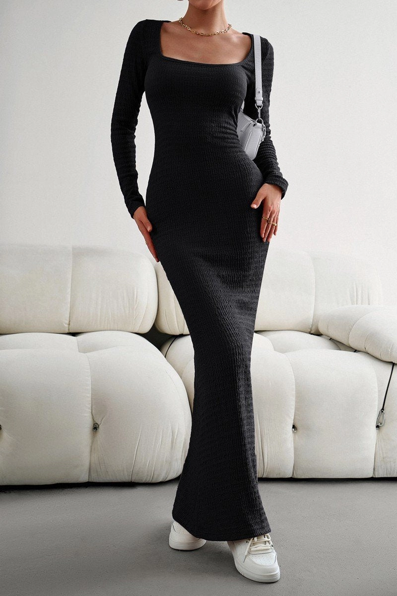 WOMEN SQUARE NECK SEXY TIGHT FIT MAXI LONG DRESS Beauty Feel