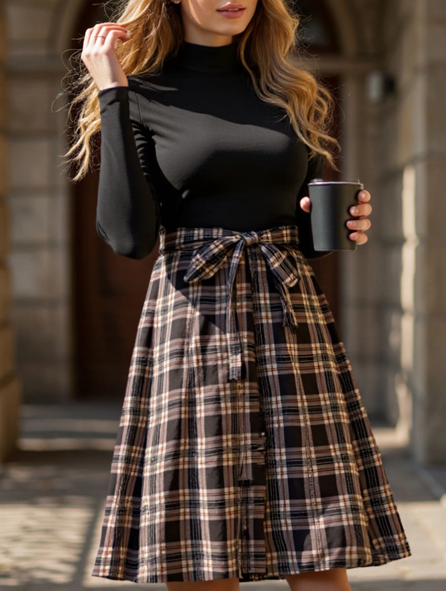 Minimalist Aesthetic Elegant plaid long dress with stand-up collar