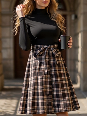 Polished Style Modern Texture Elegant plaid long dress with stand-up collar