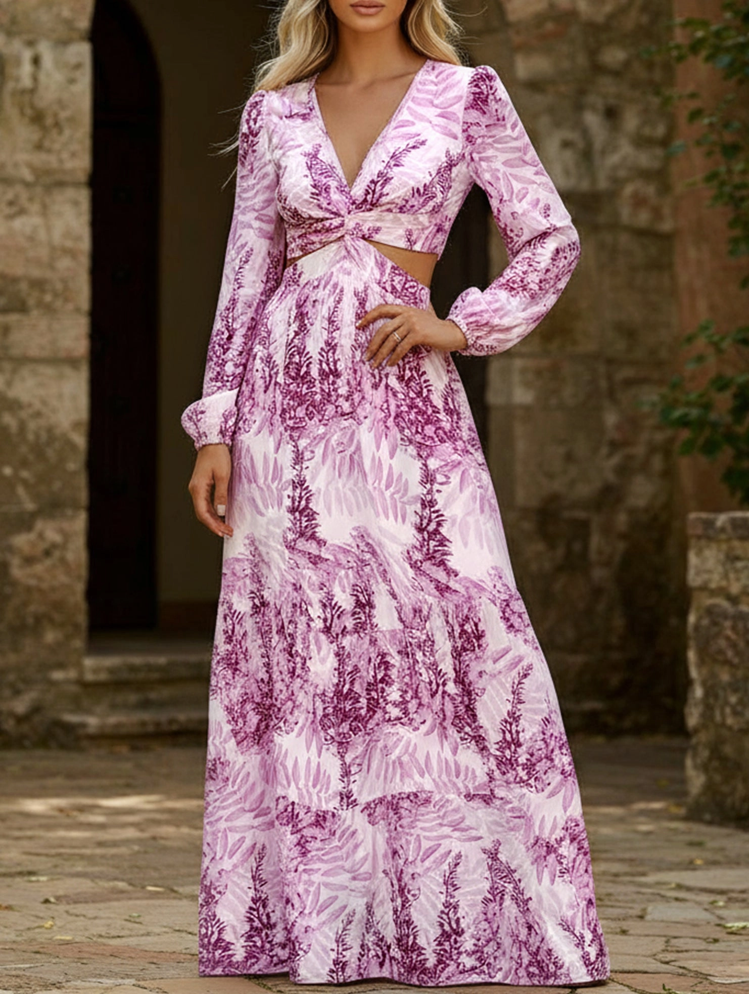 Draped Layer Fashion long printed V-neck long-sleeved dress