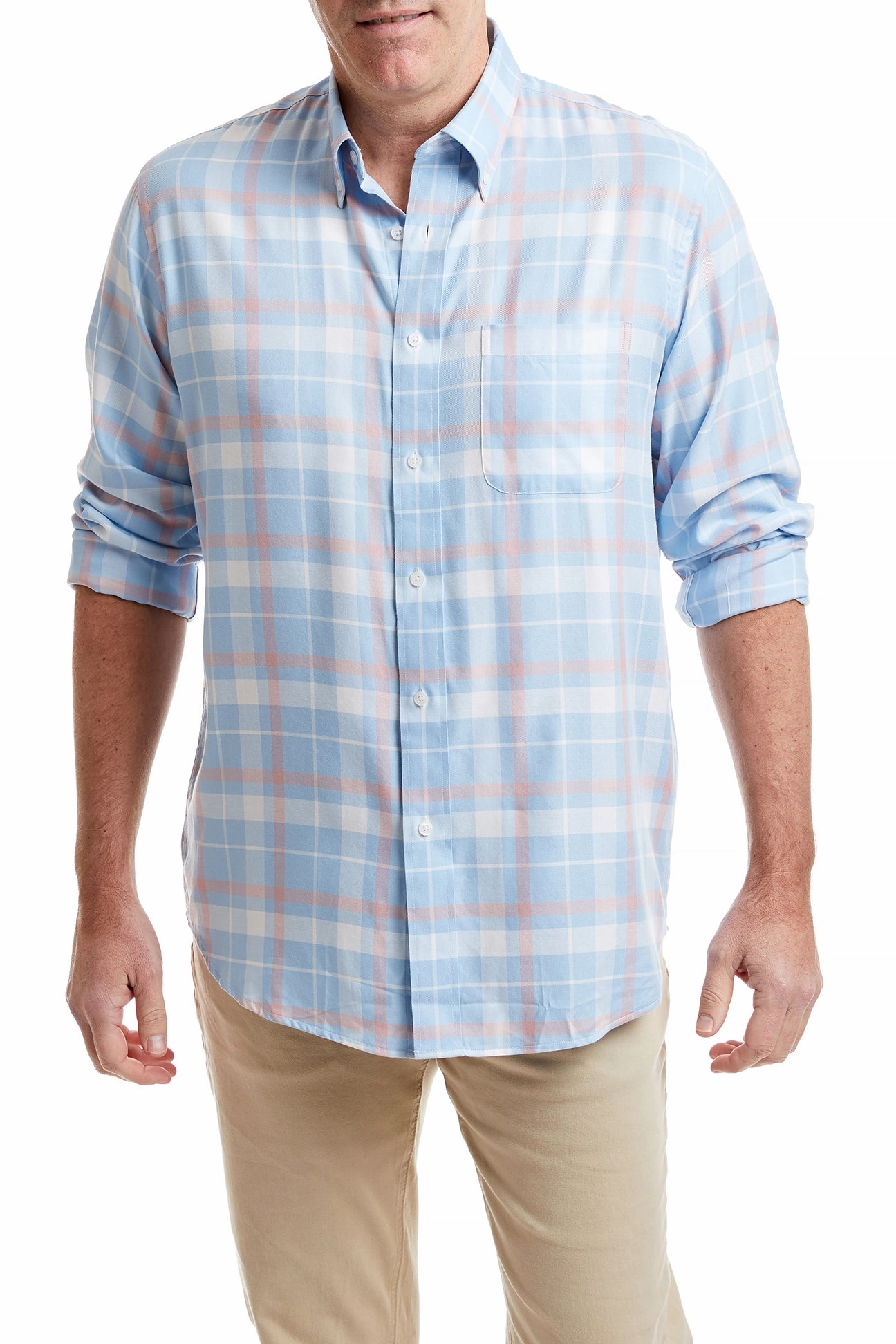HighDurabilityWeave Stretchy Top Chase Shirt Blue with Pink Windowpane