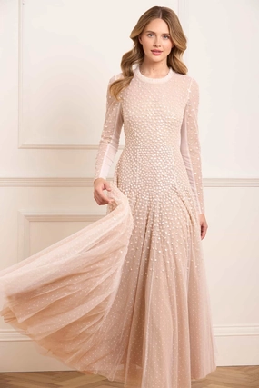 Lightweight Soft and Chic Sequin Cascade Round Neck Gown