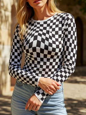 Fashionable plaid print long-sleeved top BreathableMesh