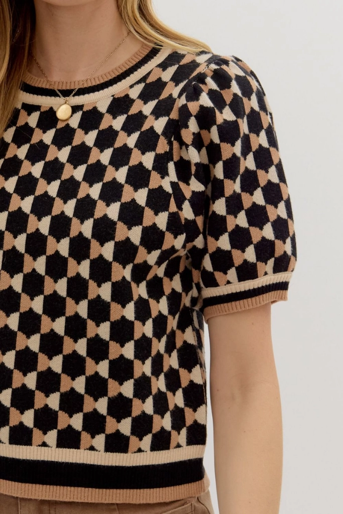 Fawn Argyle Short Sleeve Sweater in Black DoubleLayeredFabric