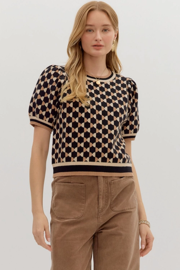 Fawn Argyle Short Sleeve Sweater in Black Multi Panel Construction Retro design