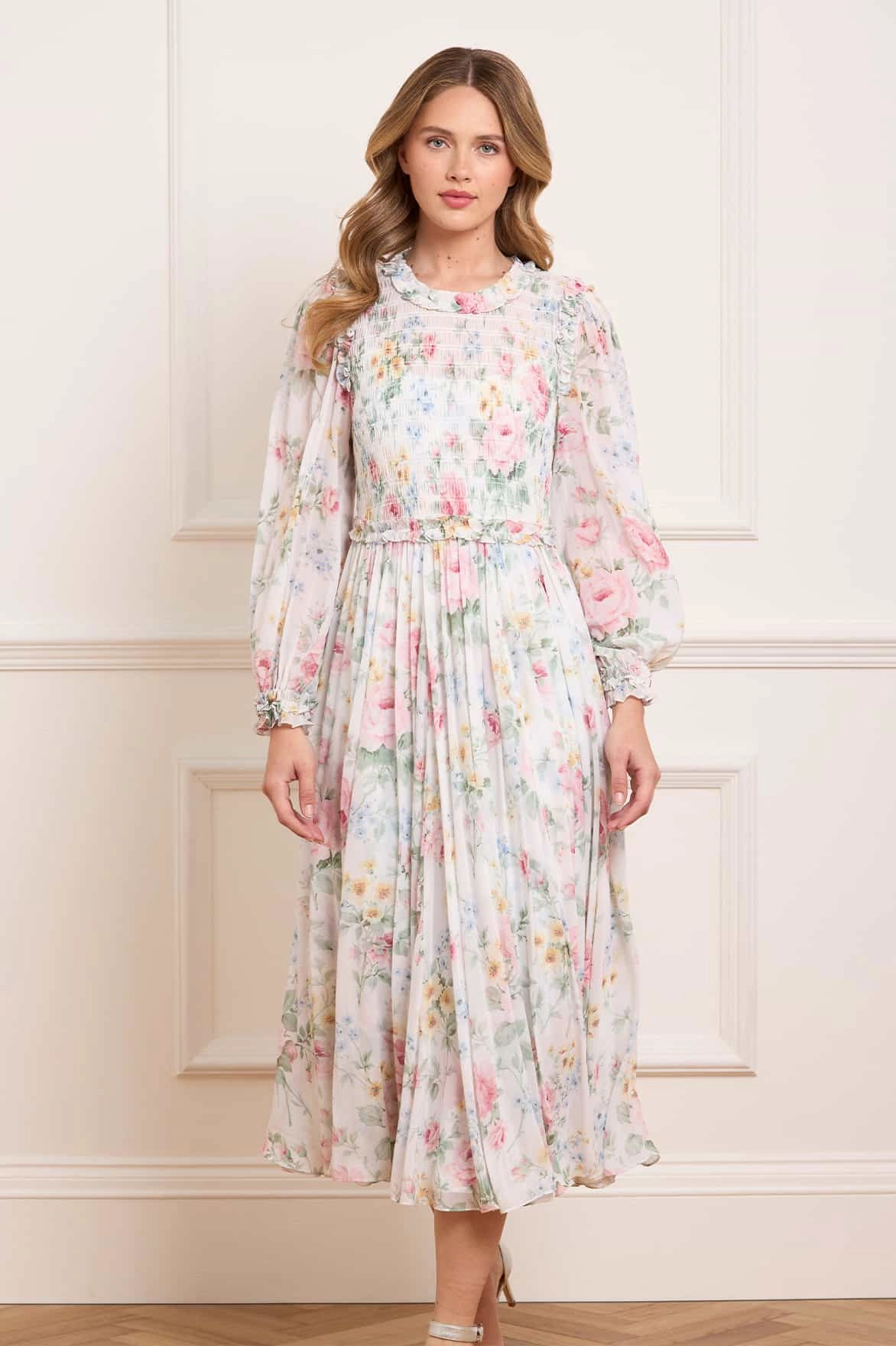 Chilly Wear Pompadour Garden Chiffon Smocked Ballerina Dress