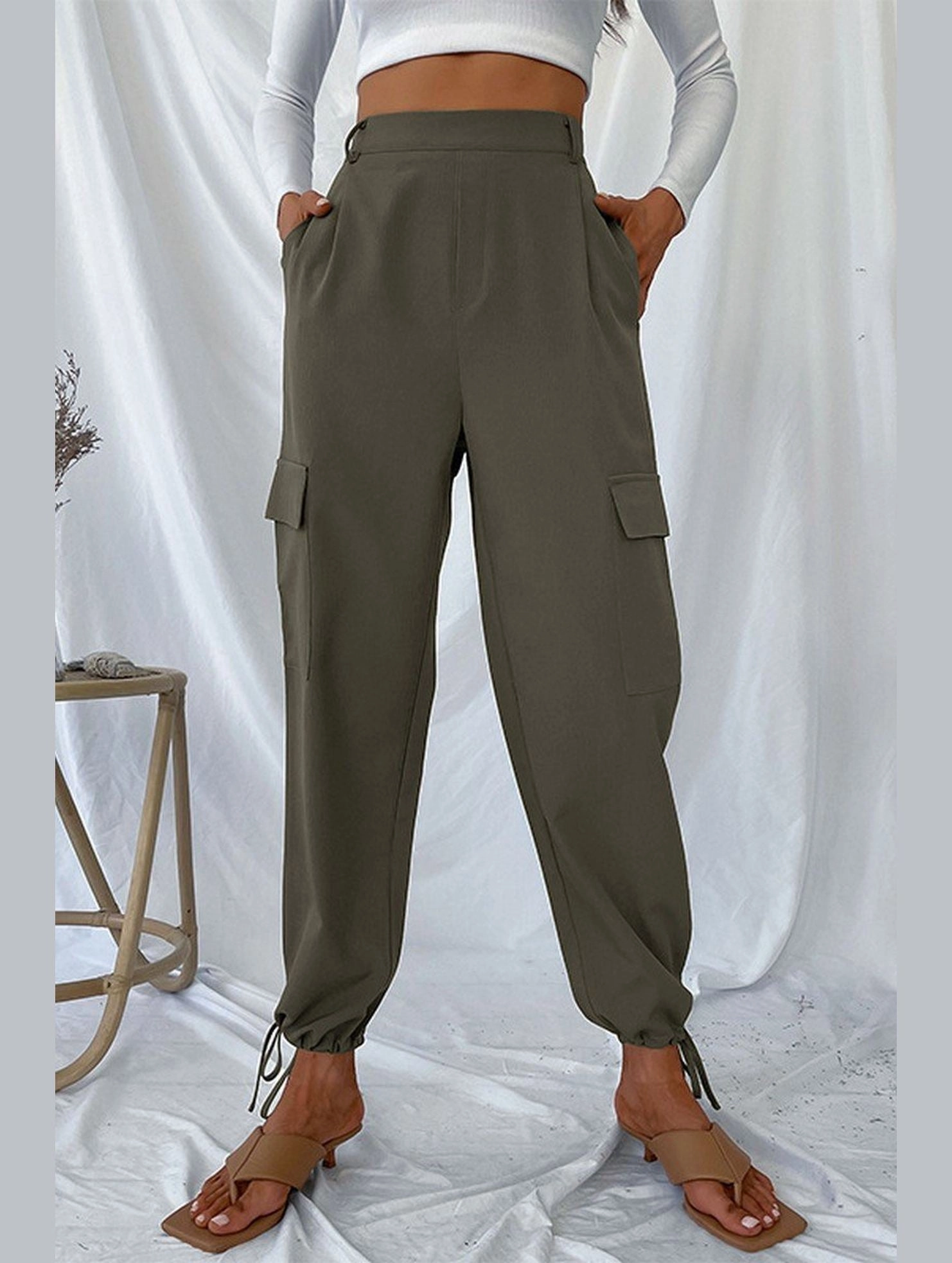 WOMEN DRAWSTRING ELASTIC HEM CASUAL LONG PANTS TailoredSilhouette All Around Fit
