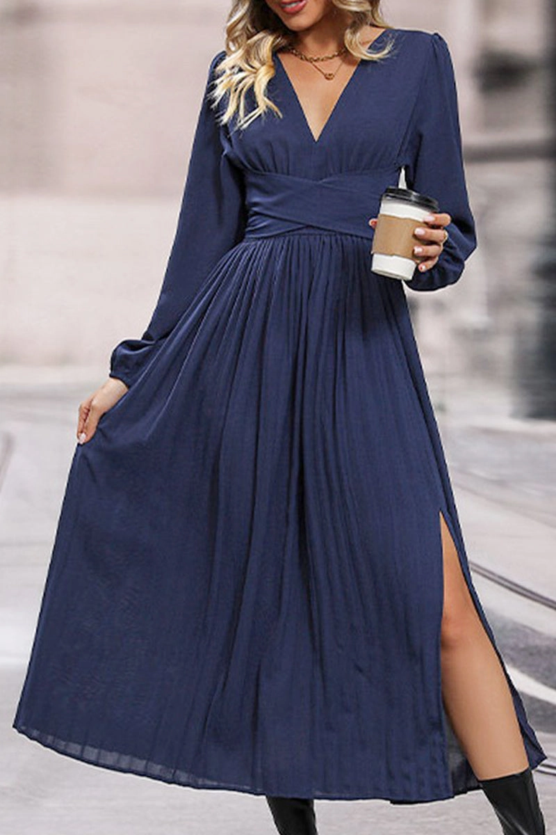 Comfortable and Flattering animal-print WOMEN LOOSE FIT V NECK LONG SLEEVE SLIT DRESS