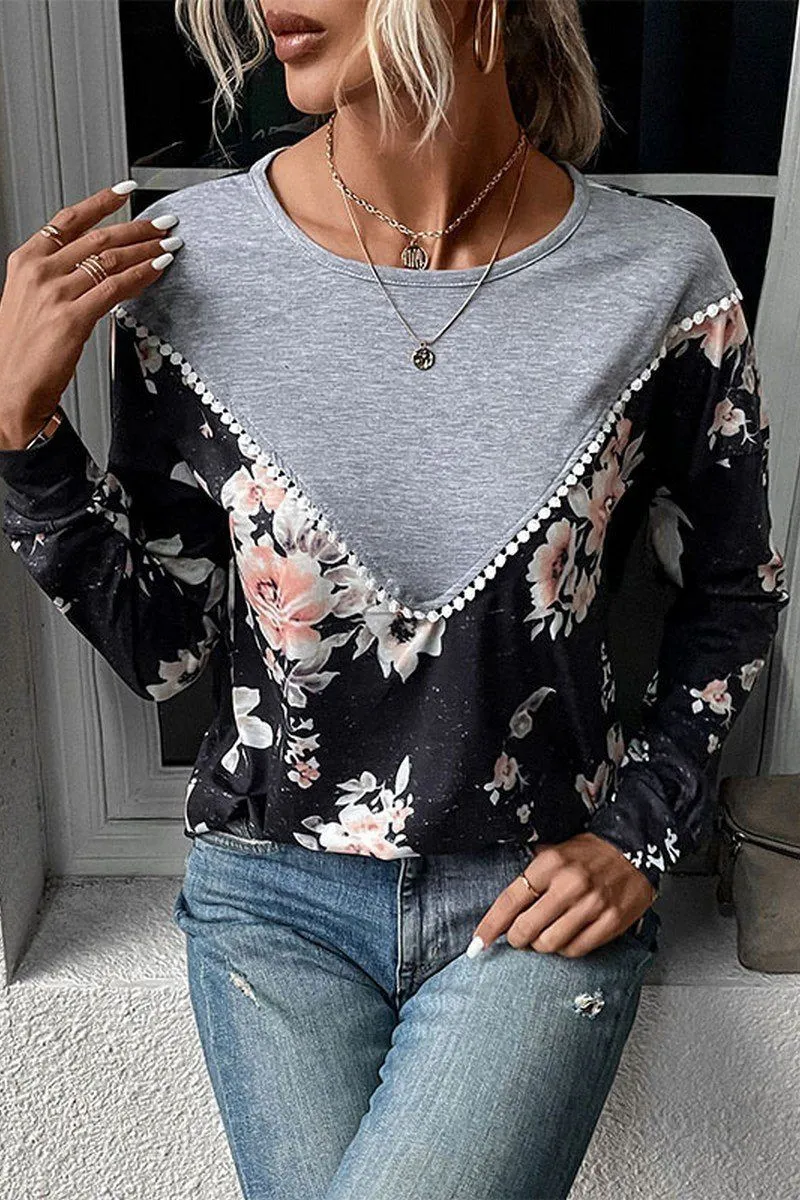 DurableWeave WOMEN ROUND NECK FLORAL PRINTING LONG SLEEVE TEE