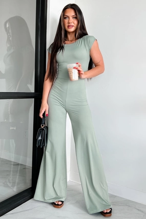 Staying Out Later Twist-Back Jumpsuit (Sage) Loose Tee